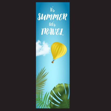balon, gerçekçi bulut ve palmiye yaprakları ile vektör dikey yaz seyahat banner.