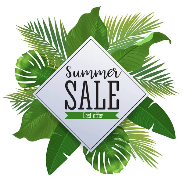 Sale banner, poster with palm leaves, jungle leaf and handwriting lettering. Floral tropical summer background. — Stock Vector