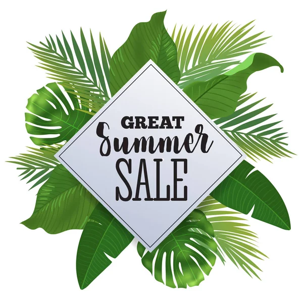 Försäljning en banderoll, affisch med palmblad, jungle leaf och handskrift bokstäver. Blommig tropisk sommar bakgrund. — Stock vektor