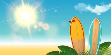 İki Surfboards sahilde güneş gözlüklü. Bulutlar ve güneş patlaması ile gerçekçi arka plan. Palmiye yaprakları