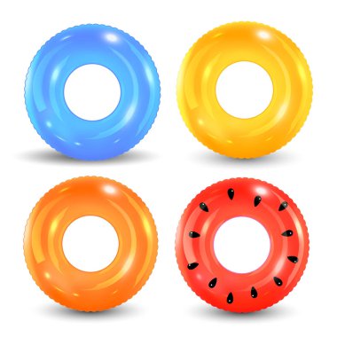 Yüzme halkaları beyaz arka planda. Şişme lastik oyuncak. Lifebuoy renkli vektör koleksiyonu. Yaz. Gerçekçi bir yaz çizimi. Yaz tatili ya da seyahat güvenliği.