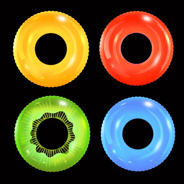 Yüzme halkalar siyah arka plan üzerinde ayarlayın. Şişirilebilir kauçuk oyuncak. Lifebuoy renkli vektör toplama. Yaz. Gerçekçi yaz illüstrasyon. Yaz tatil veya seyahat Emanet. — Stok Vektör