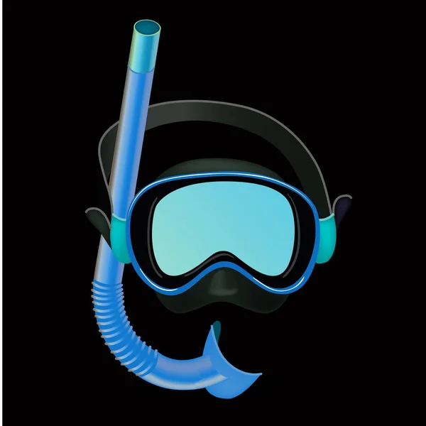 Realista máscara de buceo azul sobre fondo negro, tubo de buceo, equipo de natación, snorkel — Vector de stock