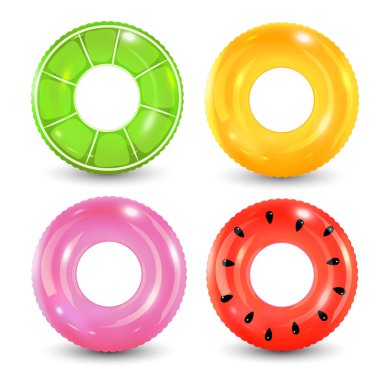 Yüzme halkaları beyaz arka planda. Şişme lastik oyuncak. Lifebuoy renkli vektör koleksiyonu. Yaz. Gerçekçi bir yaz çizimi. Yaz tatili ya da seyahat güvenliği.