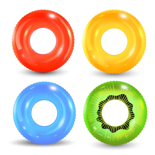 Плавательные кольца установлены на белом фоне. Надувная резиновая игрушка. Lifebuoy colorful vector collection. Саммер. Реалистичная иллюстрация летнего времени. Летние каникулы . — стоковый вектор