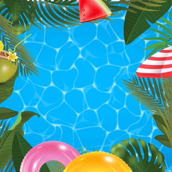 Banner de verão Web. Folhas de palma verde modelo no fundo da superfície da piscina. Verão vetor ilustração abstrata. Imagem realista Paraíso tropical para viagens e venda de ingressos . — Vetor de Stock