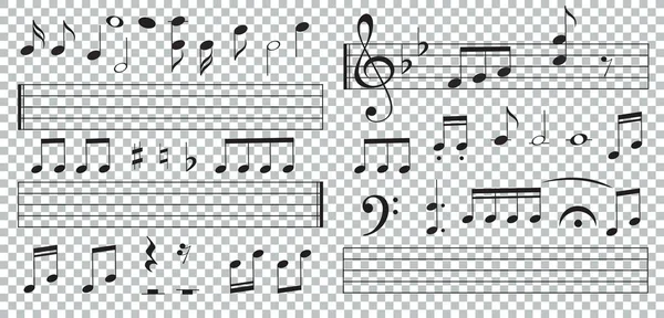 Notas de música e teclas em fundo transparente. Chaves de piano. Fenda tripla. Vetor de efeito desenhado à mão. G-clef. Scribbles. Áudio. Piano. Sinfonia. Canção. Canta. Melodia. Música clássica . — Vetor de Stock