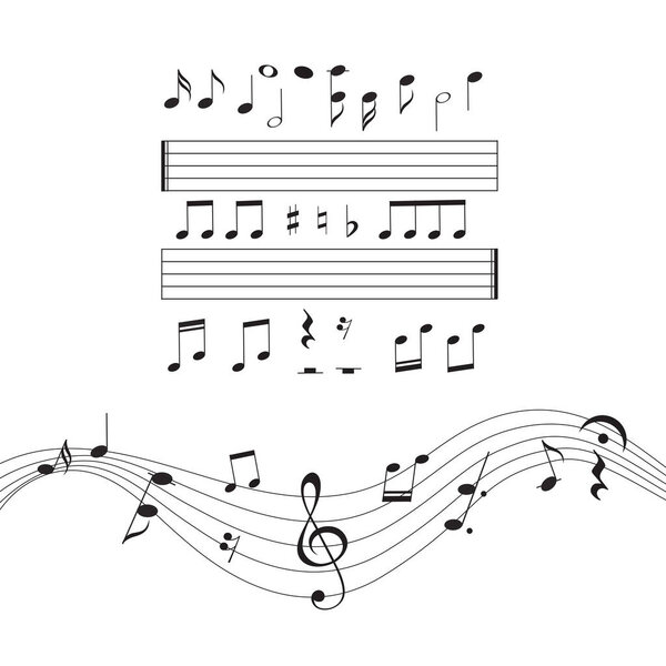 Музыкальные ноты, набор элементов музыкального дизайна, изолированные, векторные иллюстрации
.