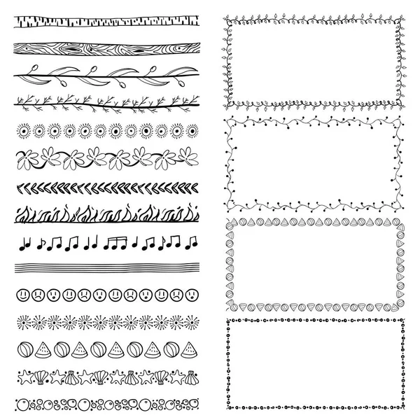 Serie di cornici doodle disegnate a mano. Confini dello schizzo — Vettoriale Stock