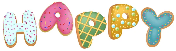 Donut color mezclado Feliz insignia, Vista superior, Para Panadería Presente, concepto de feliz cumpleaños . — Vector de stock