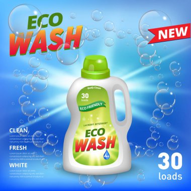 Çamaşırhane deterjan reklam afişi. Leke sökücü paket tasarımı sabun köpüğü ile reklam için. Deterjan afiş üzerinde mavi arka plan yıkama. Vektör çizim