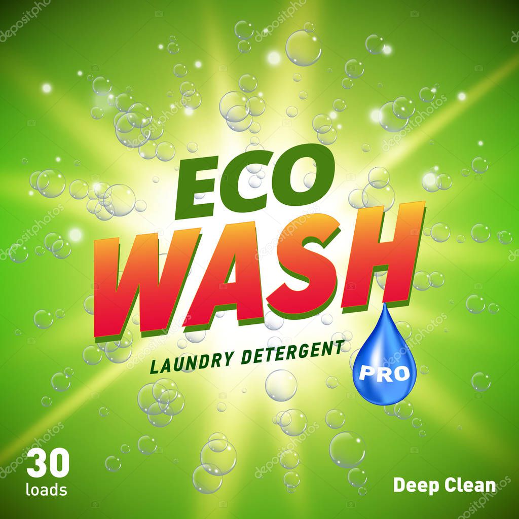 Detergent packaging concept design showing eco friendly cleaning and washing. Vector illustration