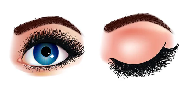 Extensión de pestañas ilustración realista. Ojos de mujer azul oscuro fresco. Idea para tarjetas de visita de negocios. Impresión para camiseta. Ilustración vectorial — Archivo Imágenes Vectoriales