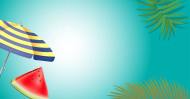 Yeşil palmiye yaprağı dalları ve diğer plaj öğeleri parlak mavi arka plan üzerinde.