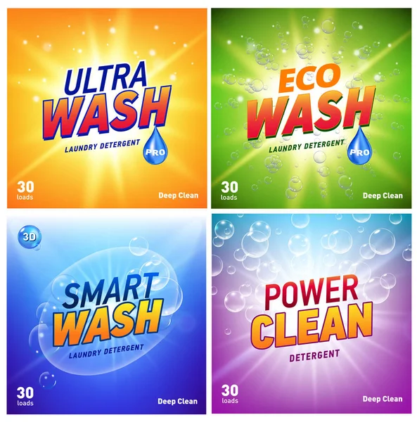 洗涤剂包装概念设计显示环保的清洁和清洗。带有生态标志的洗涤剂包装. — 图库矢量图片