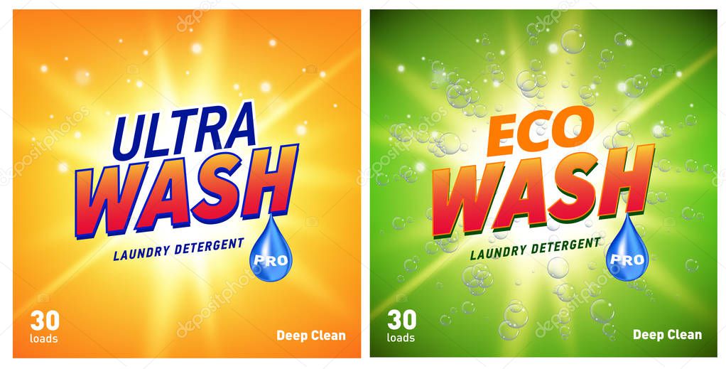 Detergent packaging concept design showing eco friendly cleaning and washing. Detergent package design template with eco logo. Vector illustration