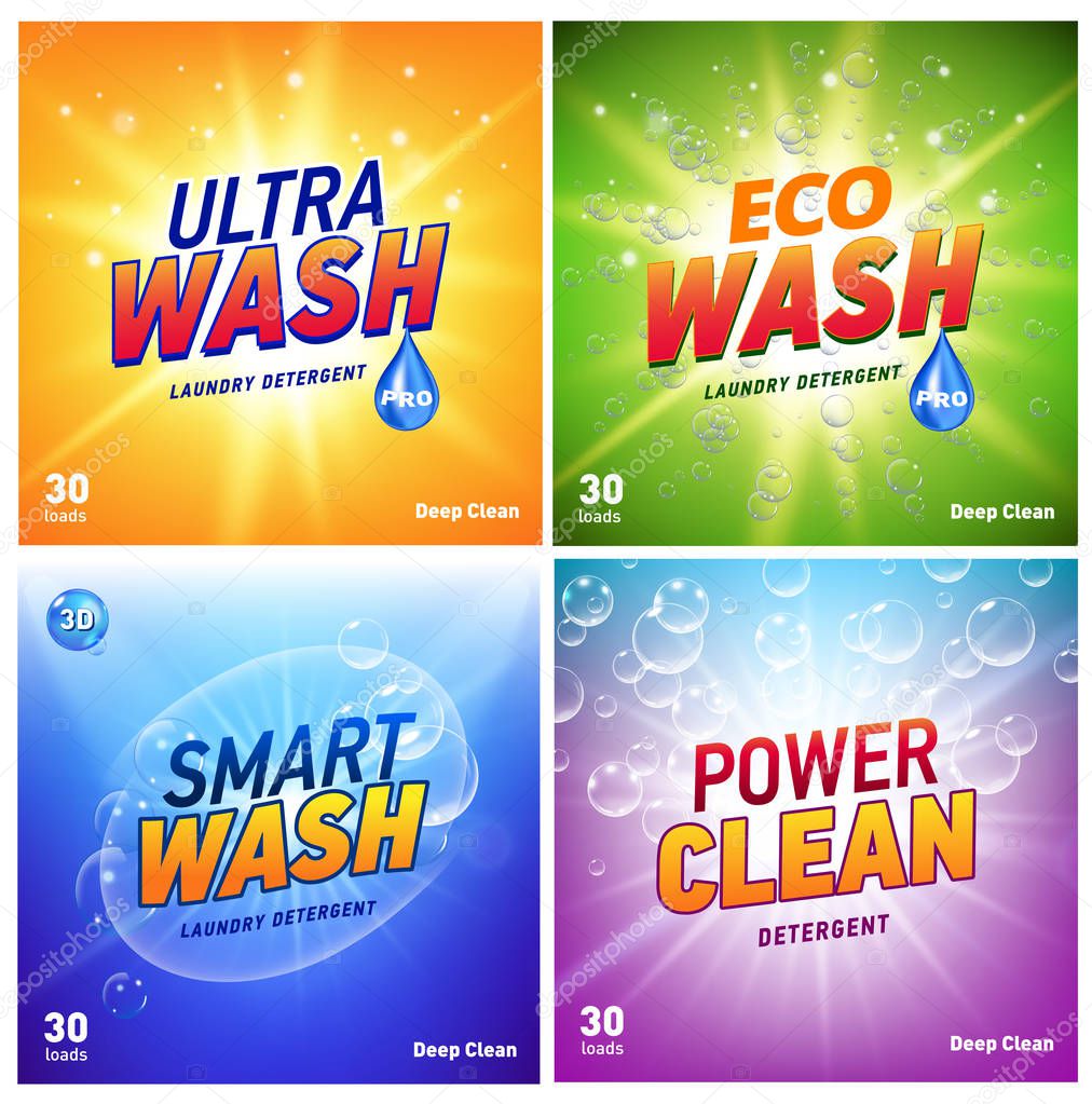Detergent packaging concept design showing eco friendly cleaning and washing. Detergent package design template with eco logo. Vector illustration