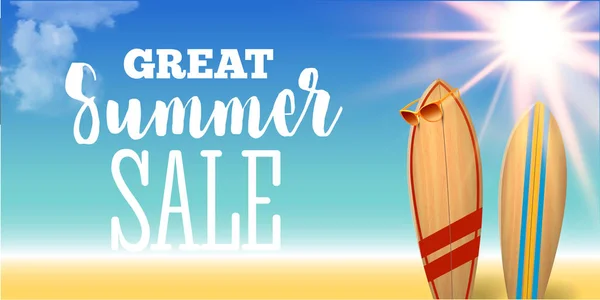 Progettazione di vendita di estate con i graffiti nativi del bordo di surf sullo sfondo blu dell'oceano con vita di mare ed il flare realistico del sole. Grande poster di vendita . — Vettoriale Stock