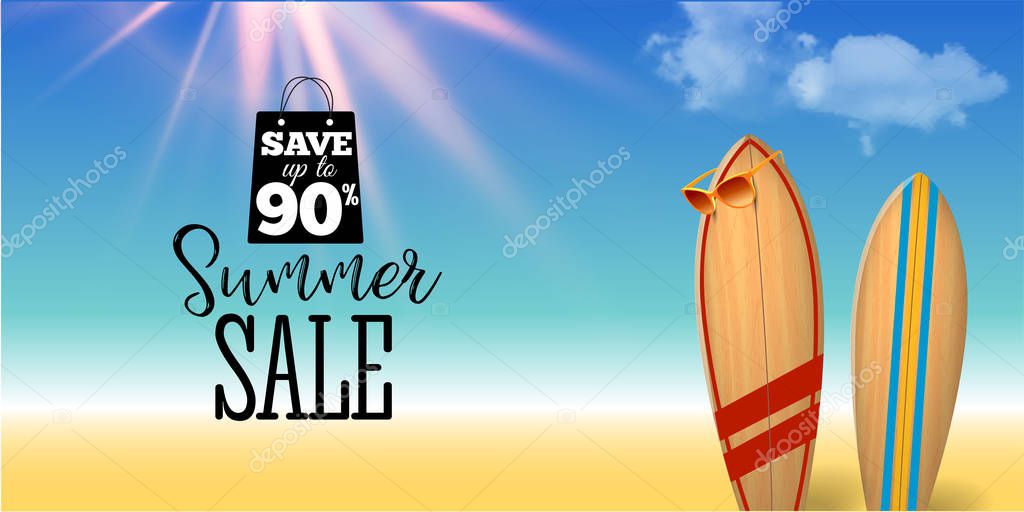 Summer sale design with surf board native graffiti on the blue ocean background with sea life and realistic sun flare. Big sale poster. Vector illustration