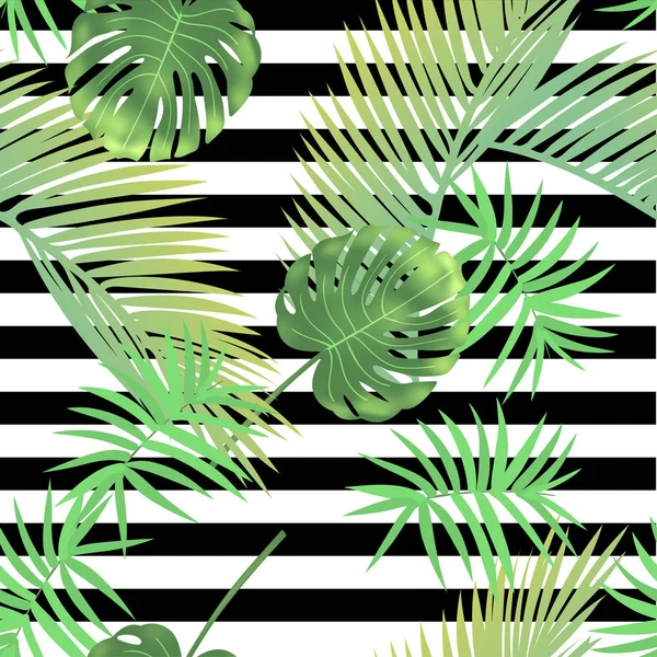 Beautiful tropical abstract color and green palm leaves seamless vector pattern on a background of geometric diagonal black and white lines