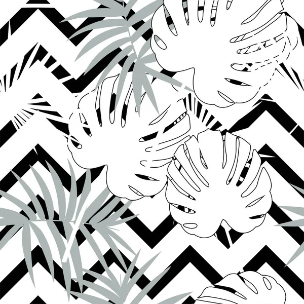 Patrón floral vectorial inconsútil tropical con hojas de palma, hoja de la selva. Fondo monocromo tropical, ilustración en blanco y negro . — Archivo Imágenes Vectoriales