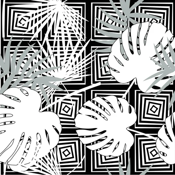 Tropiska sömlös vektor blommönster med palm blad, jungle leaf. Tropic monokrom bakgrund, svartvit illustration. — Stock vektor