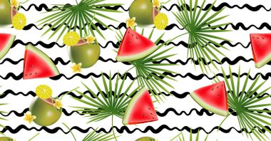 Tropik renk yeşil palmiye yaprakları ve sorunsuz vektör desen geometrik çapraz siyah ve beyaz çizgili bir arka plan üzerinde. Gerçekçi karpuz ve Hindistan cevizi kokteyl ile frangipani çiçek.