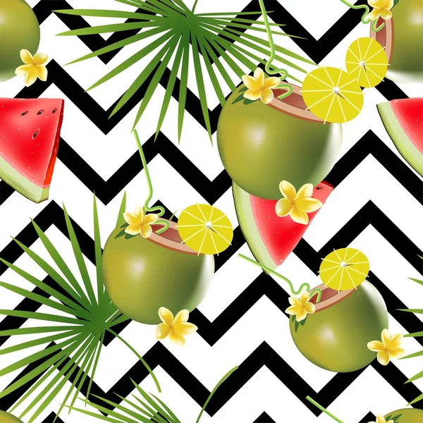 Tropical abstract color and green palm leaves seamless vector pattern on a background of geometric diagonal black and white lines. Realistic watermelon and coconut coctail with frangipani flower.