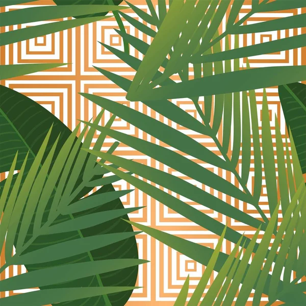 Sommer tropische Palmenblätter nahtloses Muster auf kupferfarbenen Texturstreifen. — Stockvektor