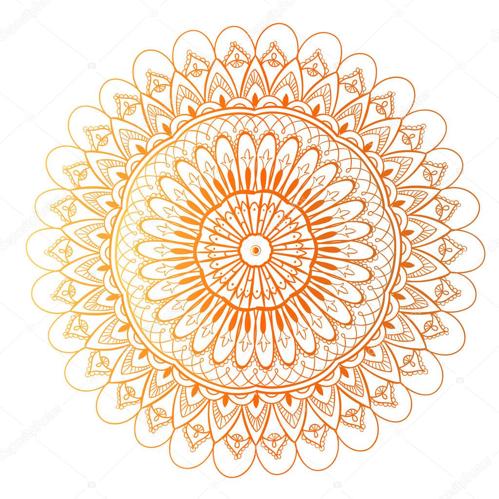 Round gradient mandala on white isolated background. Vector boho mandala in yellow and orange colors. Mandala with floral patterns. Yoga template