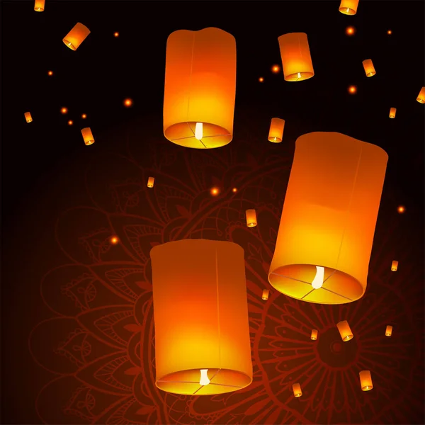 Happy Diwali Fond de vacances avec lanternes célestes flottant au-dessus du mandala, concept de célébration du Festival indien des lumières, illustration vectorielle créative . — Image vectorielle