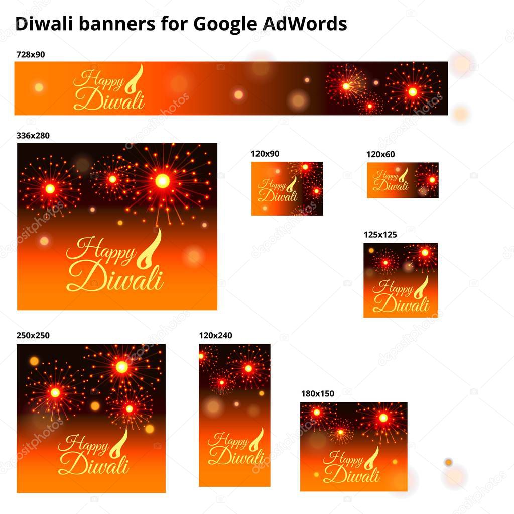 Set of ad banners for Diwali Festival with sizes for Google Adwords. Realistic firework. Diwali typography. Diwali logotype.