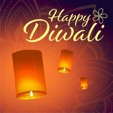 Gerçekçi gökyüzü fenerleri ve mandala ile Diwali festivali için posta kartı. Mutlu Diwali kavramı, nişan. Tipografi poster ya da logo Diwali festivali için. Web için banner.