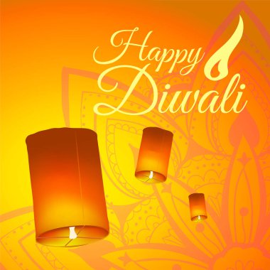 Gerçekçi gökyüzü fenerleri ve mandala ile Diwali festivali için posta kartı. Mutlu Diwali kavramı, nişan. Tipografi poster ya da logo Diwali festivali için. Web için banner.