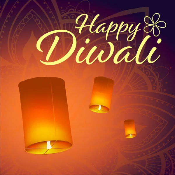 Gerçekçi gökyüzü fenerleri ve mandala ile Diwali festivali için posta kartı. Mutlu Diwali kavramı, nişan. Tipografi poster ya da logo Diwali festivali için. Web için banner.