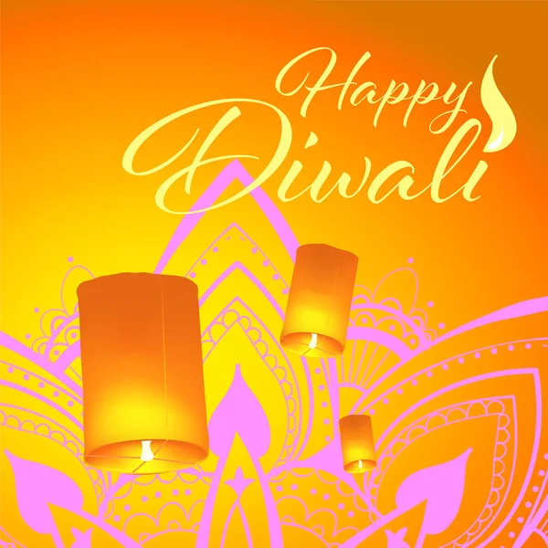 Gerçekçi gökyüzü fenerleri ve mandala ile Diwali festivali için posta kartı. Mutlu Diwali kavramı, nişan. Tipografi poster ya da logo Diwali festivali için. Web için banner.