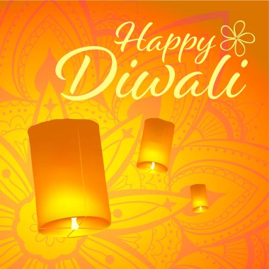 Gerçekçi gökyüzü fenerleri ve mandala ile Diwali festivali için posta kartı. Mutlu Diwali kavramı, nişan. Tipografi poster ya da logo Diwali festivali için. Web için banner.