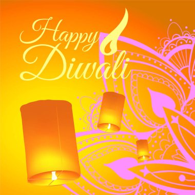 Gerçekçi gökyüzü fenerleri ve mandala ile Diwali festivali için posta kartı. Mutlu Diwali kavramı, nişan. Tipografi poster ya da logo Diwali festivali için. Web için banner.