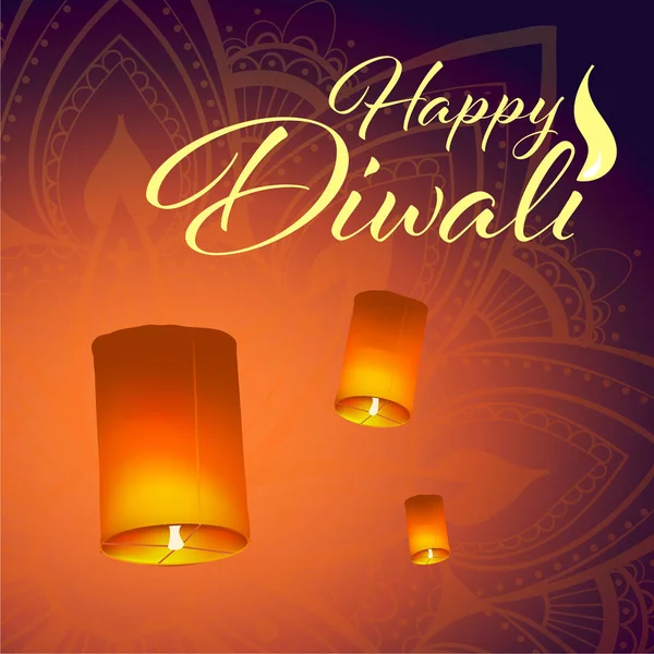 Post kaart voor Diwali festival met realistische hemel lantaarns en Mandala. Happy Diwali concept, Insignia. Typografie poster of logo voor Diwali Festival. Banner voor web. — Stockvector