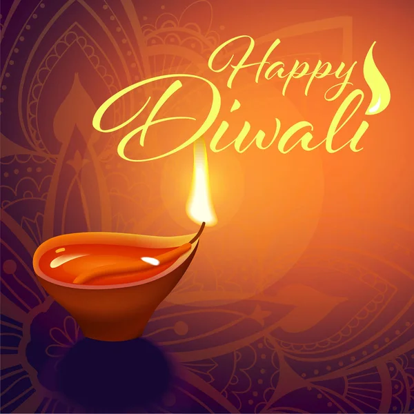 Postkarte zum Diwali-Fest mit realistischer indischer Lampe mit Feuerflamme und Mandala. Happy Diwali Konzept, Insignien. Typografie-Plakat oder Logo für das Diwali-Festival. Banner für das Web. — Stockvektor
