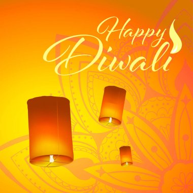 Gerçekçi gökyüzü fenerleri ve mandala ile Diwali festivali için posta kartı. Mutlu Diwali kavramı, nişan. Tipografi poster ya da logo Diwali festivali için. Web için banner.