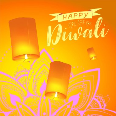 Gerçekçi gökyüzü fenerleri ve mandala ile Diwali festivali için posta kartı. Mutlu Diwali kavramı, nişan. Tipografi poster ya da logo Diwali festivali için. Web için banner.