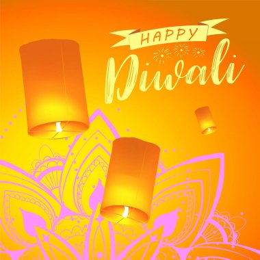 Post card for Diwali festival with realistic sky lanterns and mandala. Happy Diwali concept, insignia. Typography poster or logo for Diwali festival. Banner for web. clipart