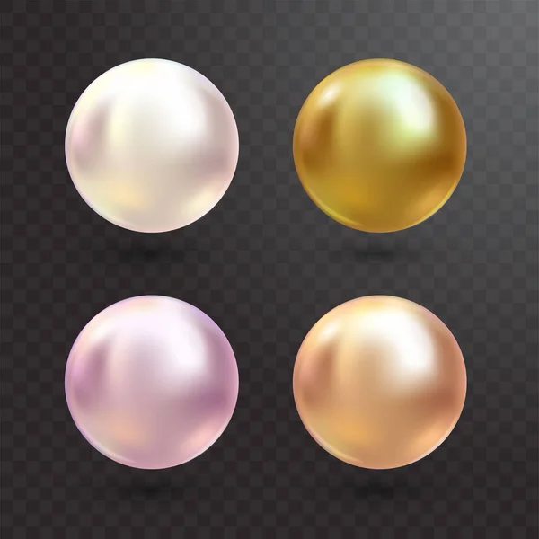 Na průhledném pozadí se nastavuje realistický vektor s varicolovými perlami. Drahocenná perla ve tvaru koule. Pearl je luxusní lesklý kamenný obrázek — Stockový vektor