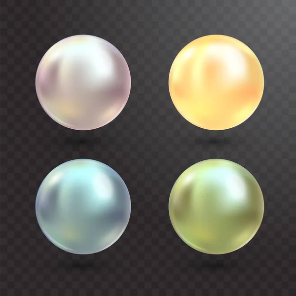 Realistiska olikfärgade pärlor vektor inställd på transparent bakgrund. Ädel pärla i sfär form. Pearl är lyx glänsande sten illustration — Stock vektor