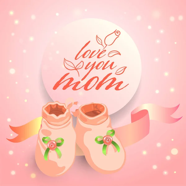 귀여운 아기 부츠와 장미 꽃 타이포그래피 로고어머니의 날 축하 와 초대 카드. — 스톡 벡터