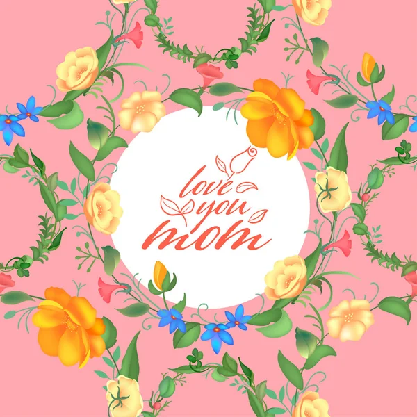 Tarjeta de felicitación del día de la madre con flores en flor. Hermoso diseño sin costuras con tipografía. Plantas de jardín con hojas . — Vector de stock