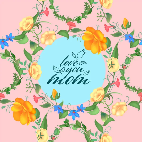 Tarjeta de felicitación del día de la madre con flores en flor. Hermoso diseño sin costuras con tipografía. Plantas de jardín con hojas . — Vector de stock