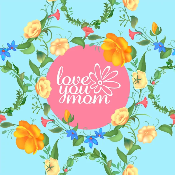 Tarjeta de felicitación del día de la madre con flores en flor. Hermoso diseño sin costuras con tipografía. Plantas de jardín con hojas . — Vector de stock