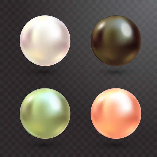 Vettore di perle varicolore realistico impostato su sfondo trasparente. Perla preziosa in forma di sfera. Perla è lusso lucido illustrazione pietra — Vettoriale Stock